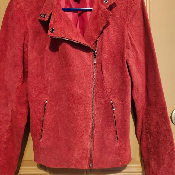 Alfani Women’s Small Red Suede Leather Moto Jacket Asymmetrical Zip Biker - Picture 7 of 10